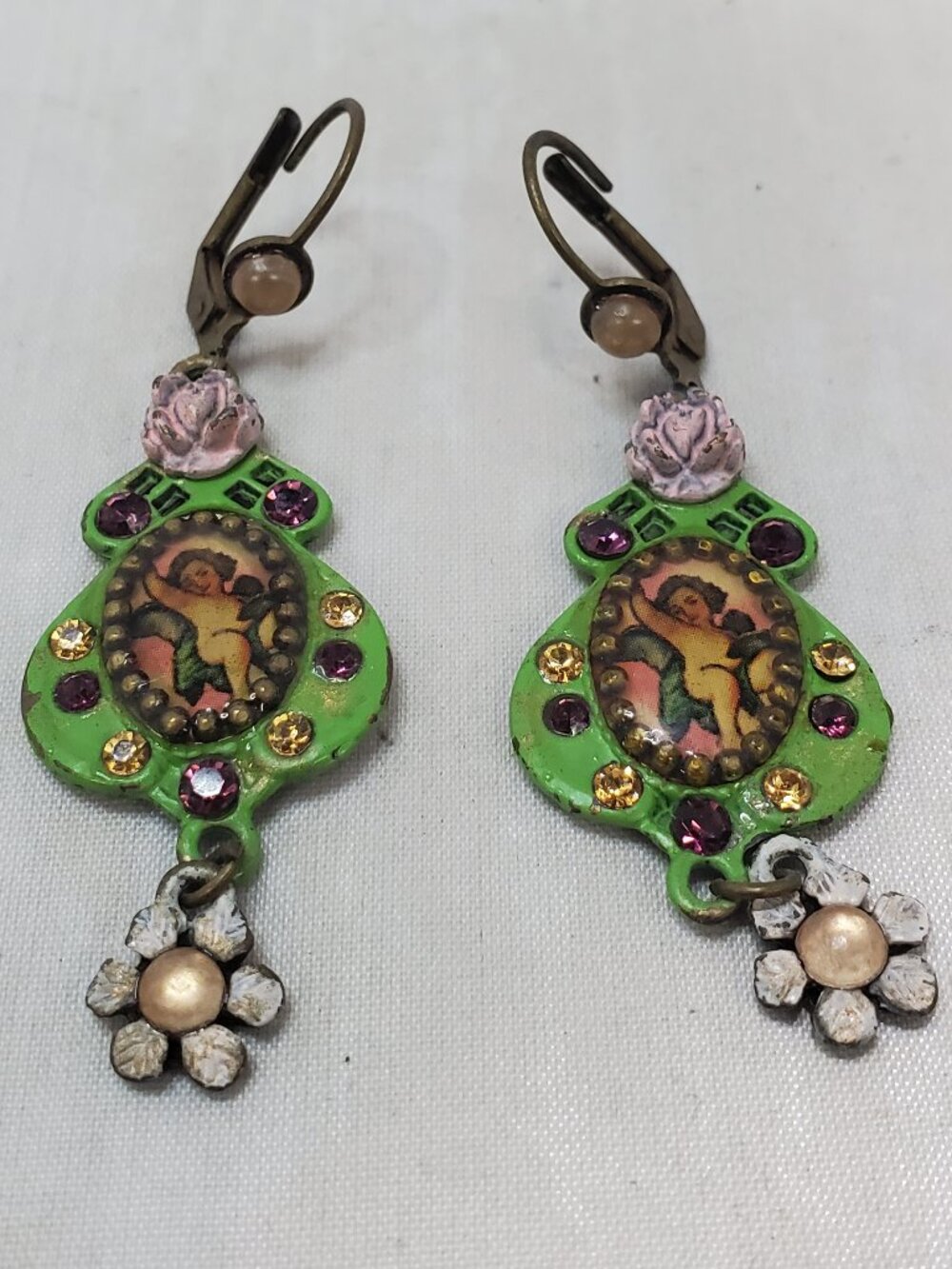Michal Negrin Romantic Cherub & Floral Dangle Earrings – Neo-Victorian jewelry - Picture 3 of 4